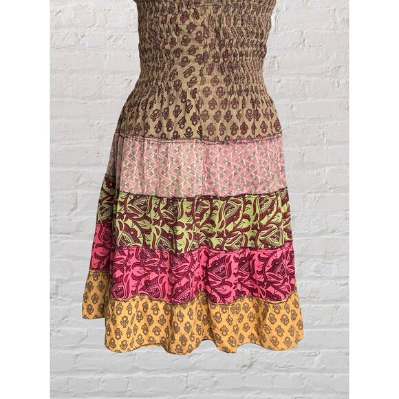 Culture Shop Brown Boho Patchwork Smoked Strapless Dress Sz L Bohemian Hippie - Picture 7 of 9